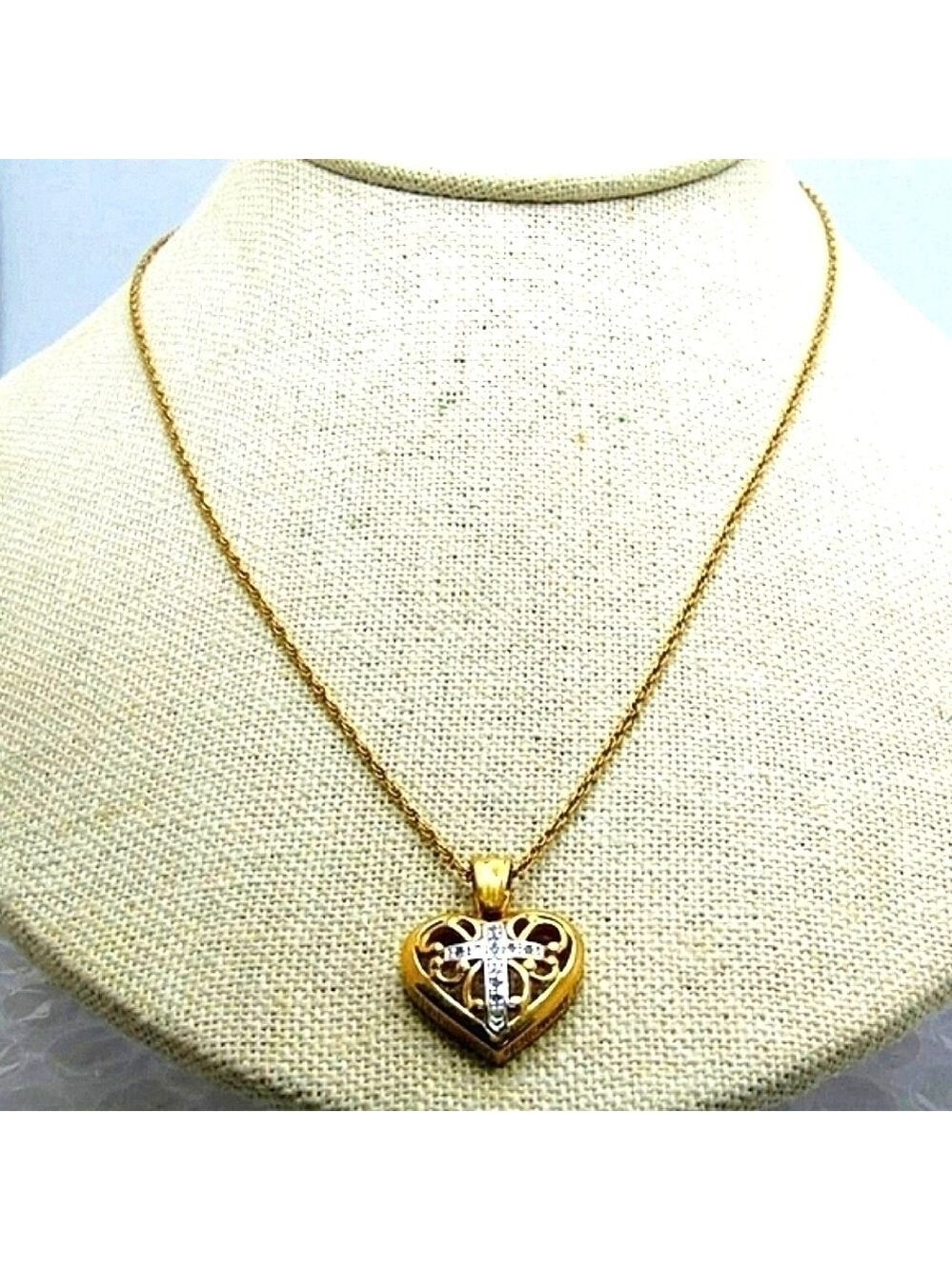 Vintage Sterling Silver Gold Vermeil Heart Cross Pendant Necklace 18" Rope Chain